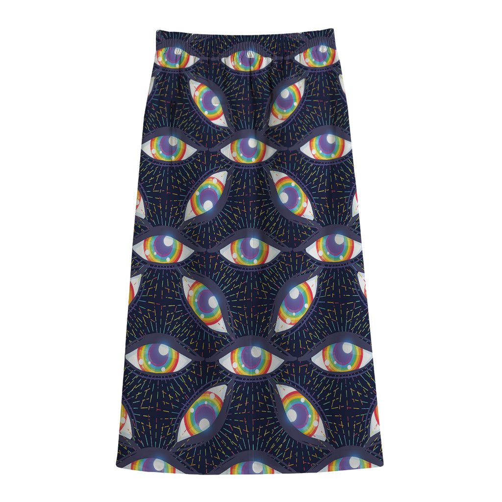 LGBT Pride Rainbow Eyes Pattern Print Cotton Front Slit Maxi Skirt