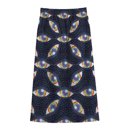 LGBT Pride Rainbow Eyes Pattern Print Cotton Front Slit Maxi Skirt