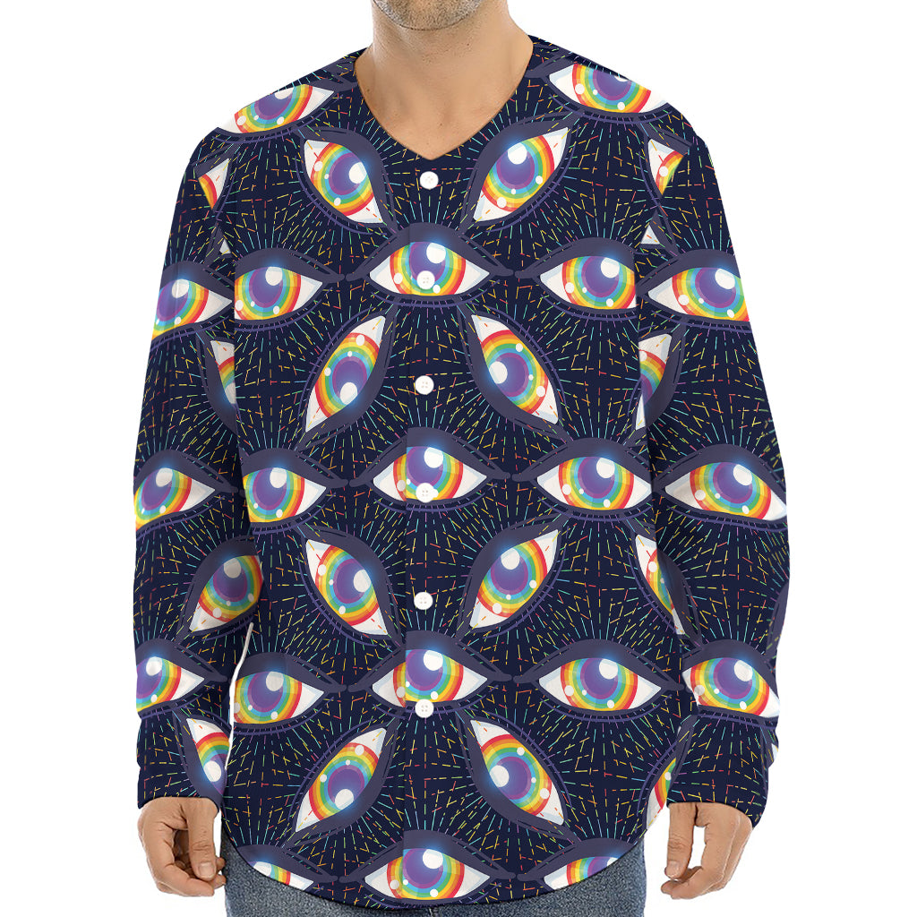 LGBT Pride Rainbow Eyes Pattern Print Long Sleeve Baseball Jersey