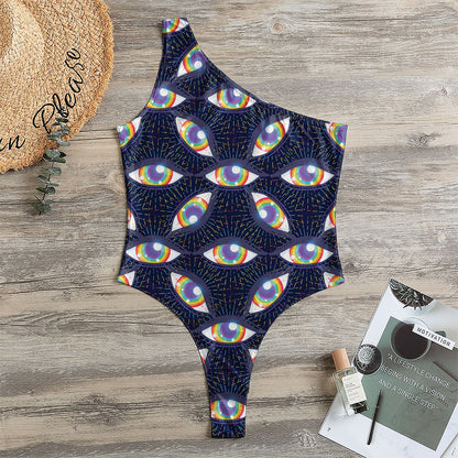 LGBT Pride Rainbow Eyes Pattern Print One Shoulder Bodysuit