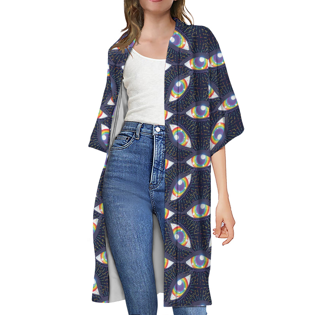 LGBT Pride Rainbow Eyes Pattern Print Open Front Beach Cover Up