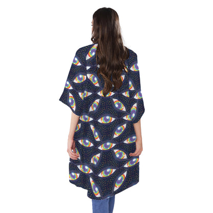 LGBT Pride Rainbow Eyes Pattern Print Open Front Beach Cover Up