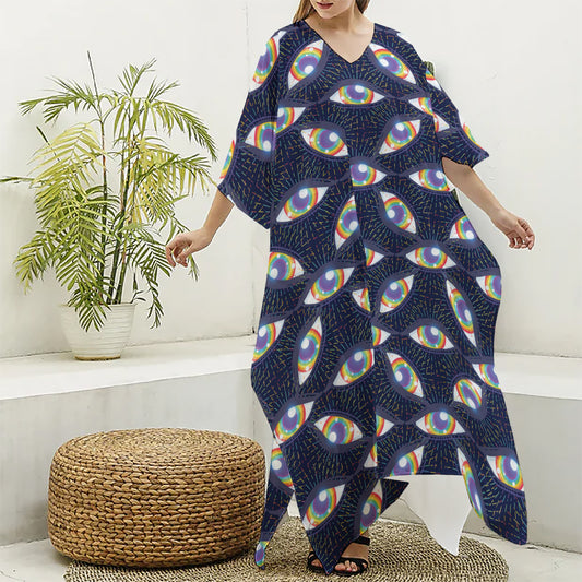 LGBT Pride Rainbow Eyes Pattern Print Silk V-Neck Kaftan Dress