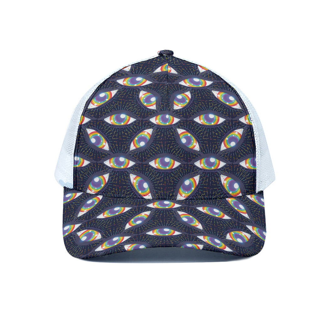 LGBT Pride Rainbow Eyes Pattern Print White Mesh Trucker Cap