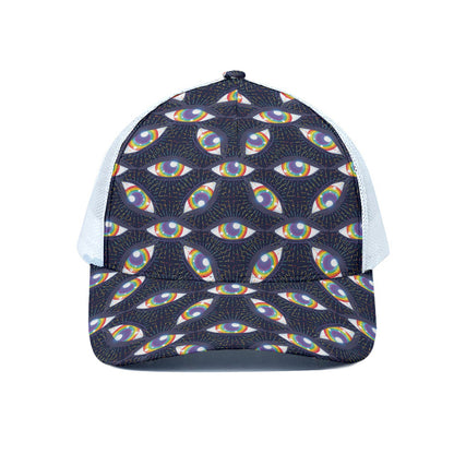 LGBT Pride Rainbow Eyes Pattern Print White Mesh Trucker Cap