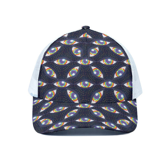 LGBT Pride Rainbow Eyes Pattern Print White Mesh Trucker Cap