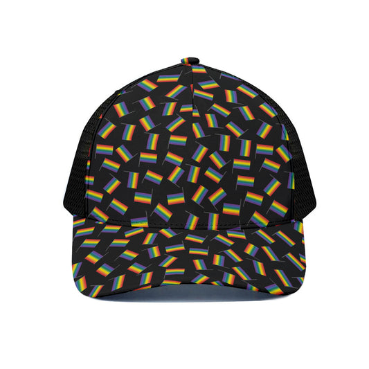 LGBT Pride Rainbow Flag Pattern Print Black Mesh Trucker Cap