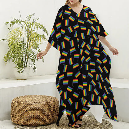 LGBT Pride Rainbow Flag Pattern Print Silk V-Neck Kaftan Dress