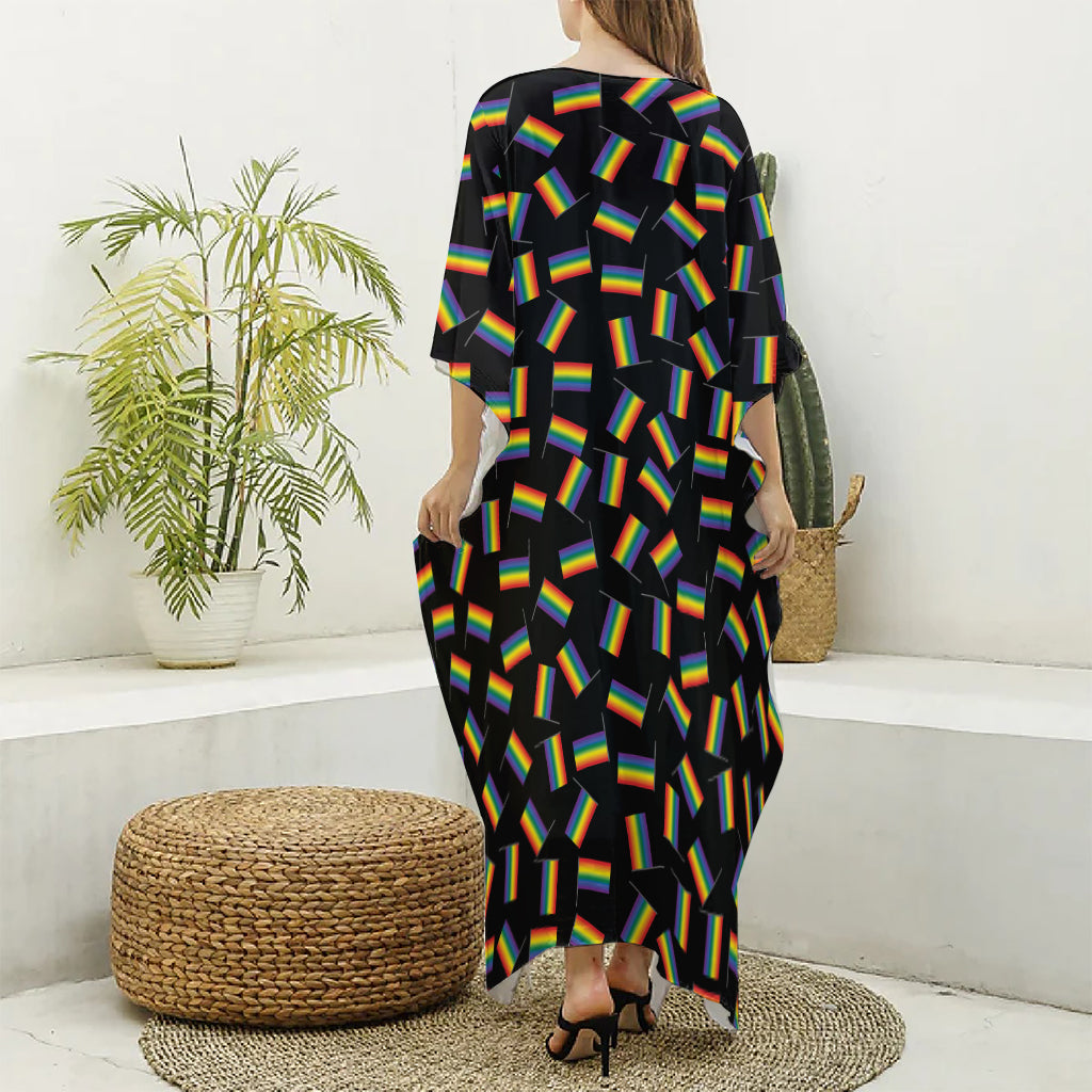 LGBT Pride Rainbow Flag Pattern Print Silk V-Neck Kaftan Dress