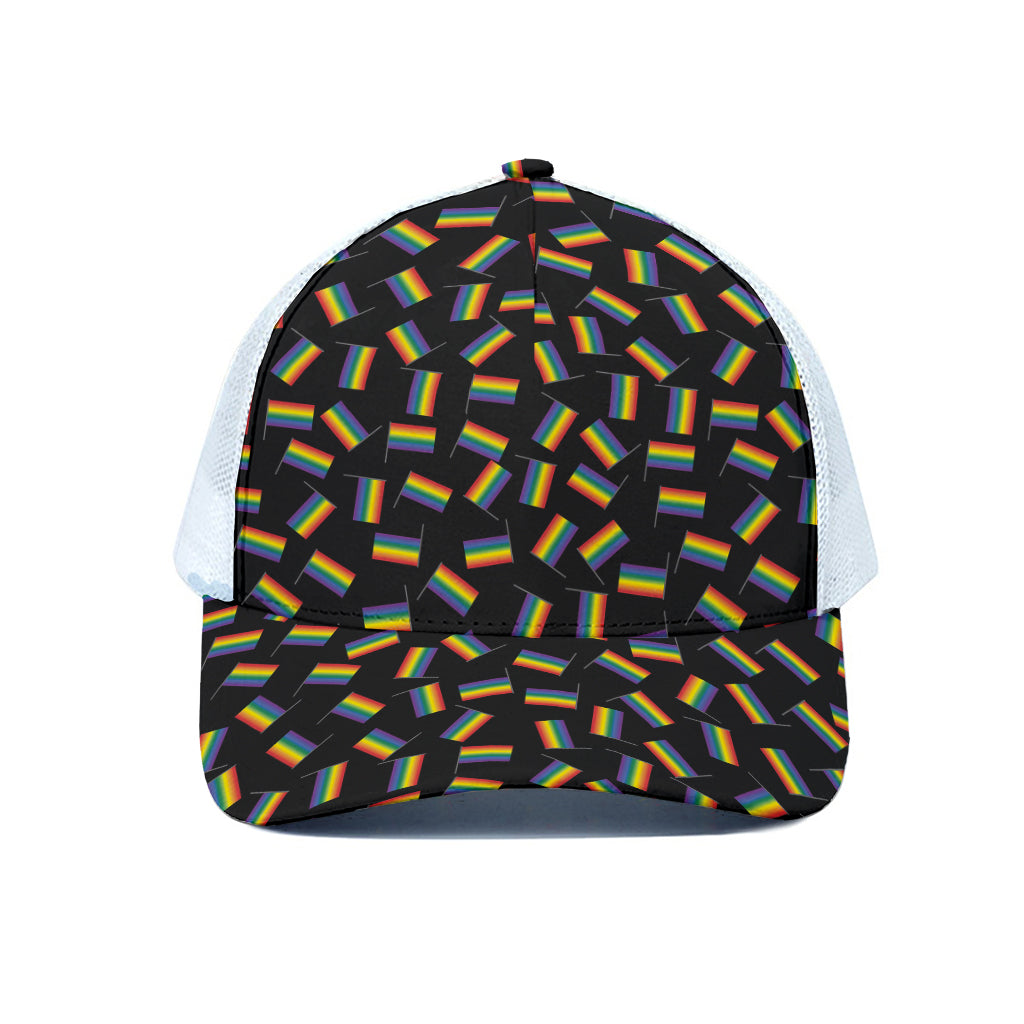 LGBT Pride Rainbow Flag Pattern Print White Mesh Trucker Cap