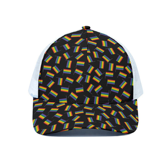 LGBT Pride Rainbow Flag Pattern Print White Mesh Trucker Cap