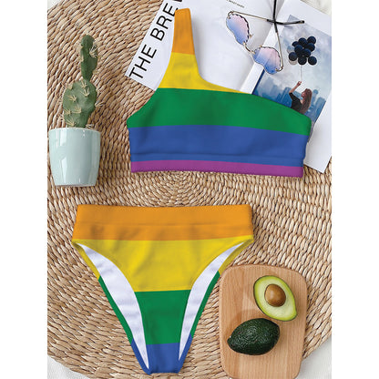LGBT Pride Rainbow Flag Print One Shoulder Bikini Top