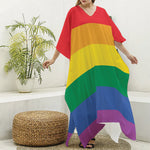 LGBT Pride Rainbow Flag Print Silk V-Neck Kaftan Dress