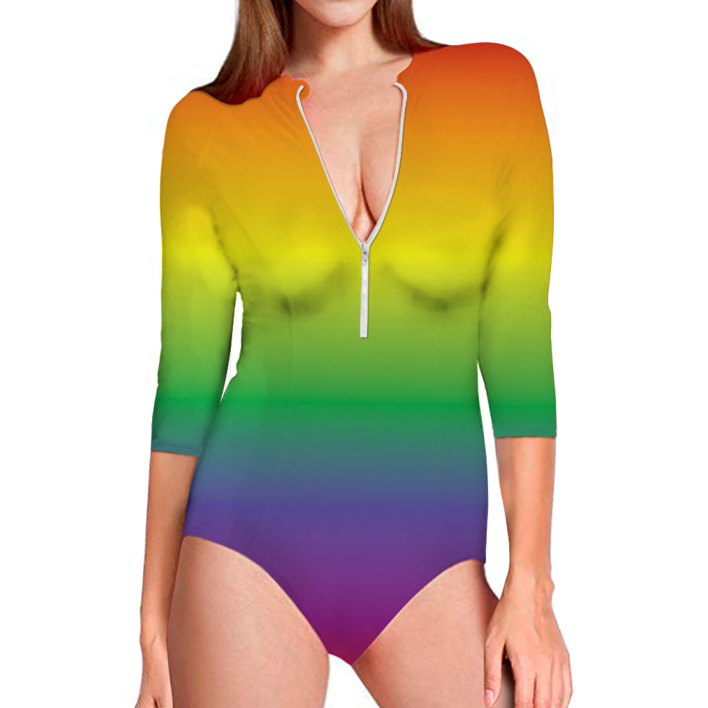 LGBT Pride Rainbow Gradient Print Long Sleeve Swimsuit