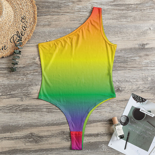 LGBT Pride Rainbow Gradient Print One Shoulder Bodysuit