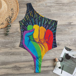 LGBT Pride Rainbow Hand Print One Shoulder Bodysuit