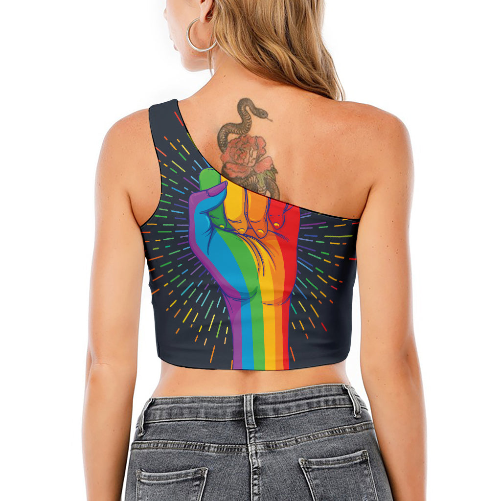 LGBT Pride Rainbow Hand Print One Shoulder Crop Top