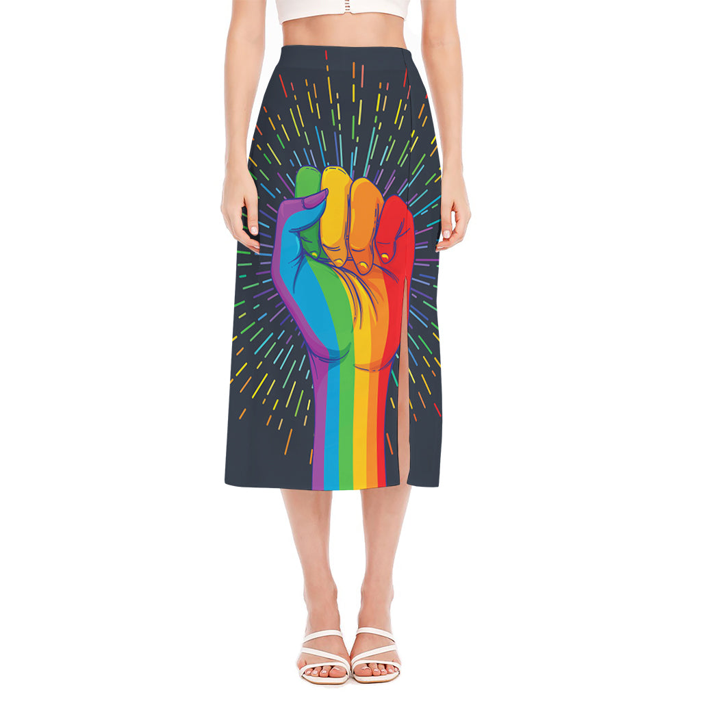 LGBT Pride Rainbow Hand Print Side Slit Midi Skirt