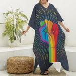 LGBT Pride Rainbow Hand Print Silk V-Neck Kaftan Dress