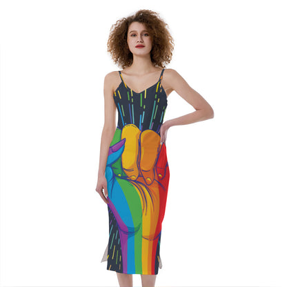 LGBT Pride Rainbow Hand Print Slim Fit Midi Cami Dress