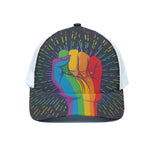 LGBT Pride Rainbow Hand Print White Mesh Trucker Cap