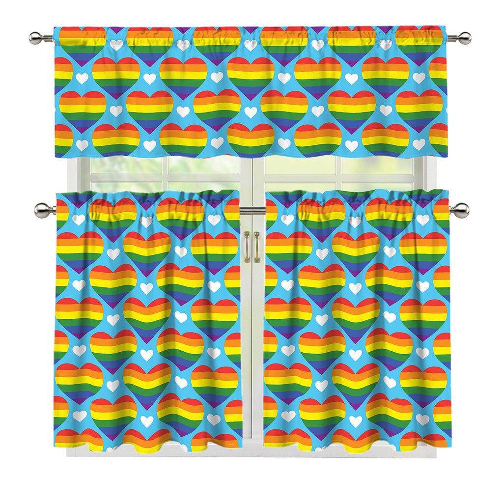 LGBT Pride Rainbow Heart Pattern Print 3 Piece Kitchen Curtains