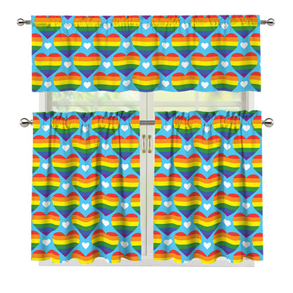 LGBT Pride Rainbow Heart Pattern Print 3 Piece Kitchen Curtains