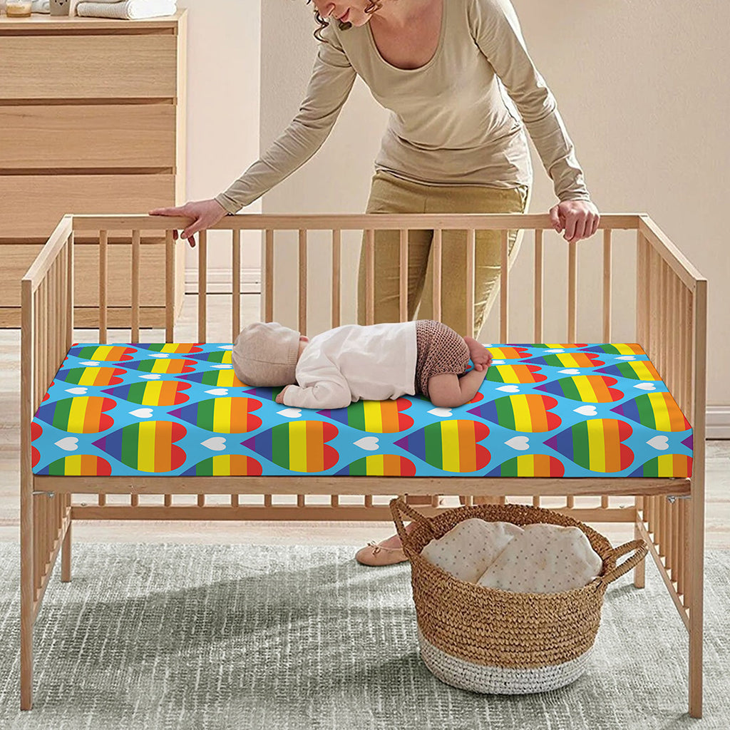 LGBT Pride Rainbow Heart Pattern Print Baby Crib Sheet