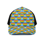 LGBT Pride Rainbow Heart Pattern Print Black Mesh Trucker Cap