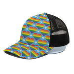 LGBT Pride Rainbow Heart Pattern Print Black Mesh Trucker Cap