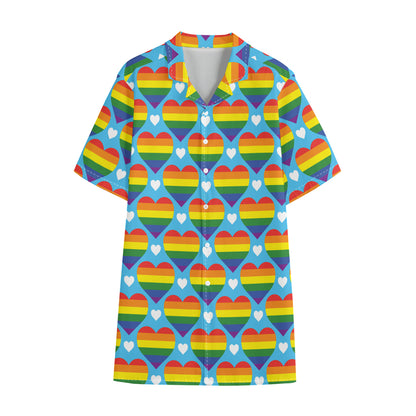 LGBT Pride Rainbow Heart Pattern Print Cotton Hawaiian Shirt