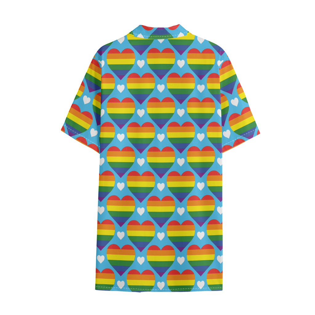LGBT Pride Rainbow Heart Pattern Print Cotton Hawaiian Shirt