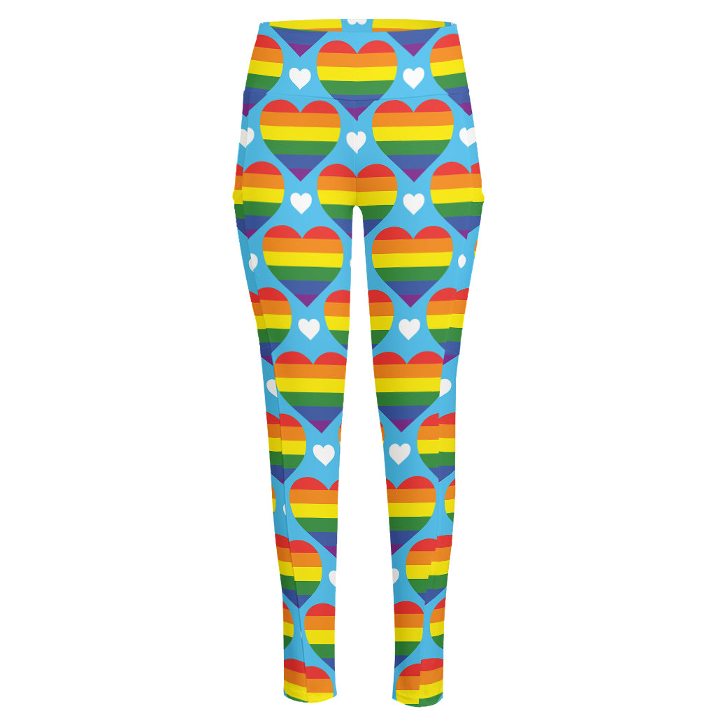 LGBT Pride Rainbow Heart Pattern Print High-Waisted Pocket Leggings