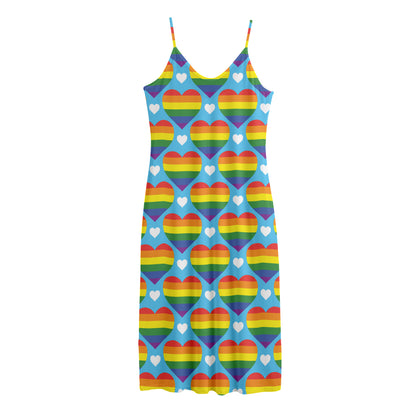 LGBT Pride Rainbow Heart Pattern Print Jersey Midi Cami Dress