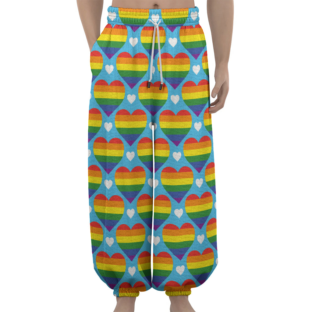 LGBT Pride Rainbow Heart Pattern Print Lantern Pants