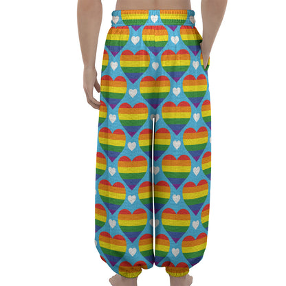 LGBT Pride Rainbow Heart Pattern Print Lantern Pants