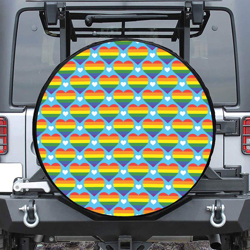 LGBT Pride Rainbow Heart Pattern Print Leather Spare Tire Cover