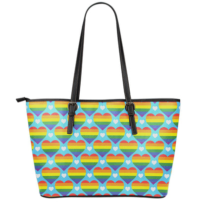LGBT Pride Rainbow Heart Pattern Print Leather Tote Bag