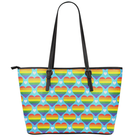 LGBT Pride Rainbow Heart Pattern Print Leather Tote Bag