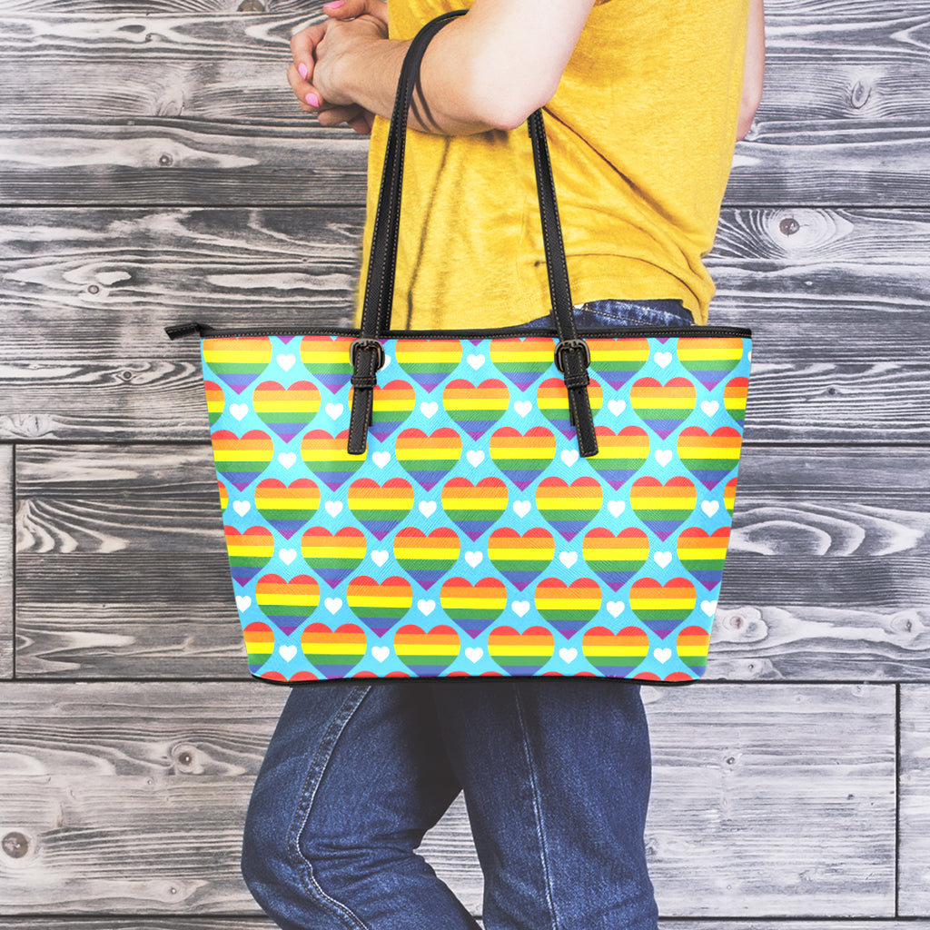 LGBT Pride Rainbow Heart Pattern Print Leather Tote Bag