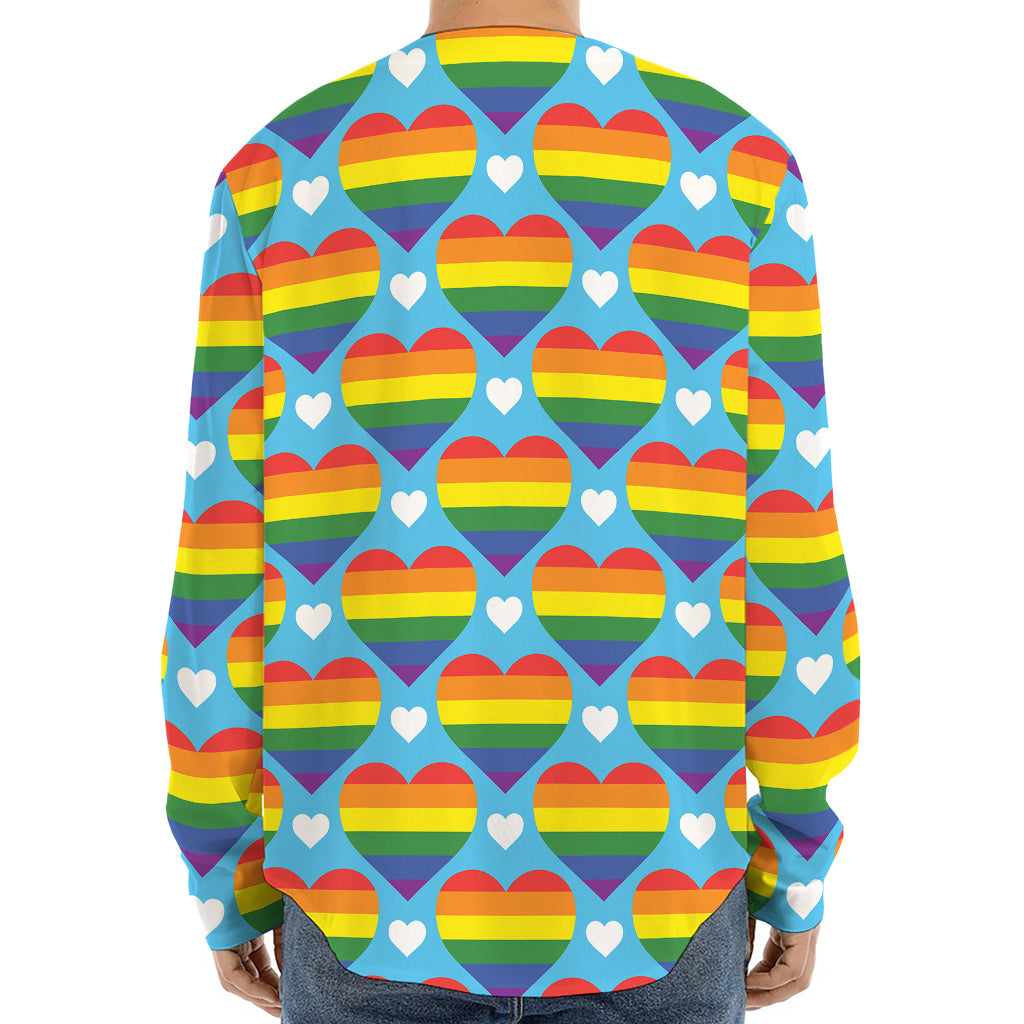 LGBT Pride Rainbow Heart Pattern Print Long Sleeve Baseball Jersey