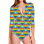 LGBT Pride Rainbow Heart Pattern Print Long Sleeve Swimsuit