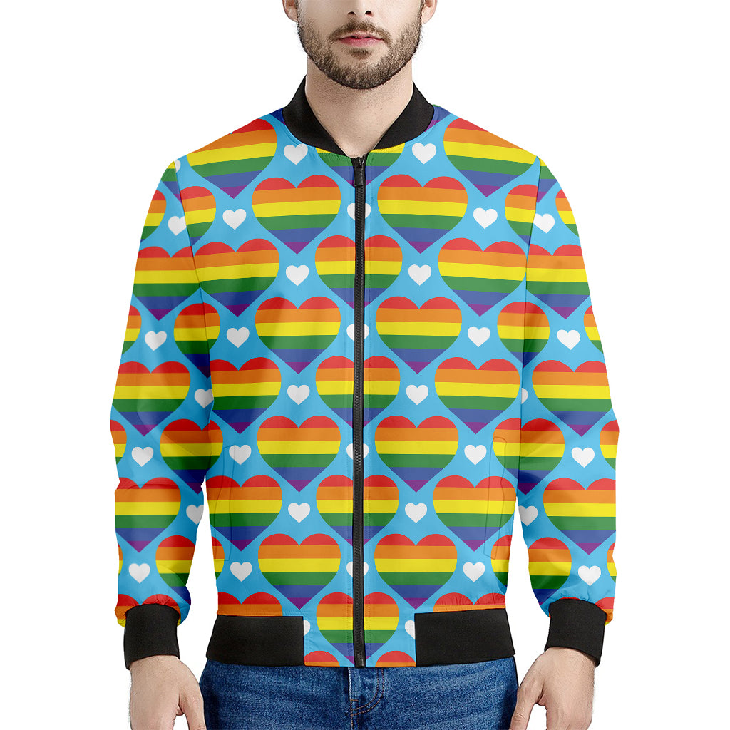 LGBT Pride Rainbow Heart Pattern Print Men's Bomber Jacket