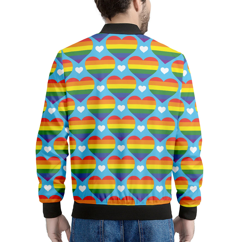 LGBT Pride Rainbow Heart Pattern Print Men's Bomber Jacket