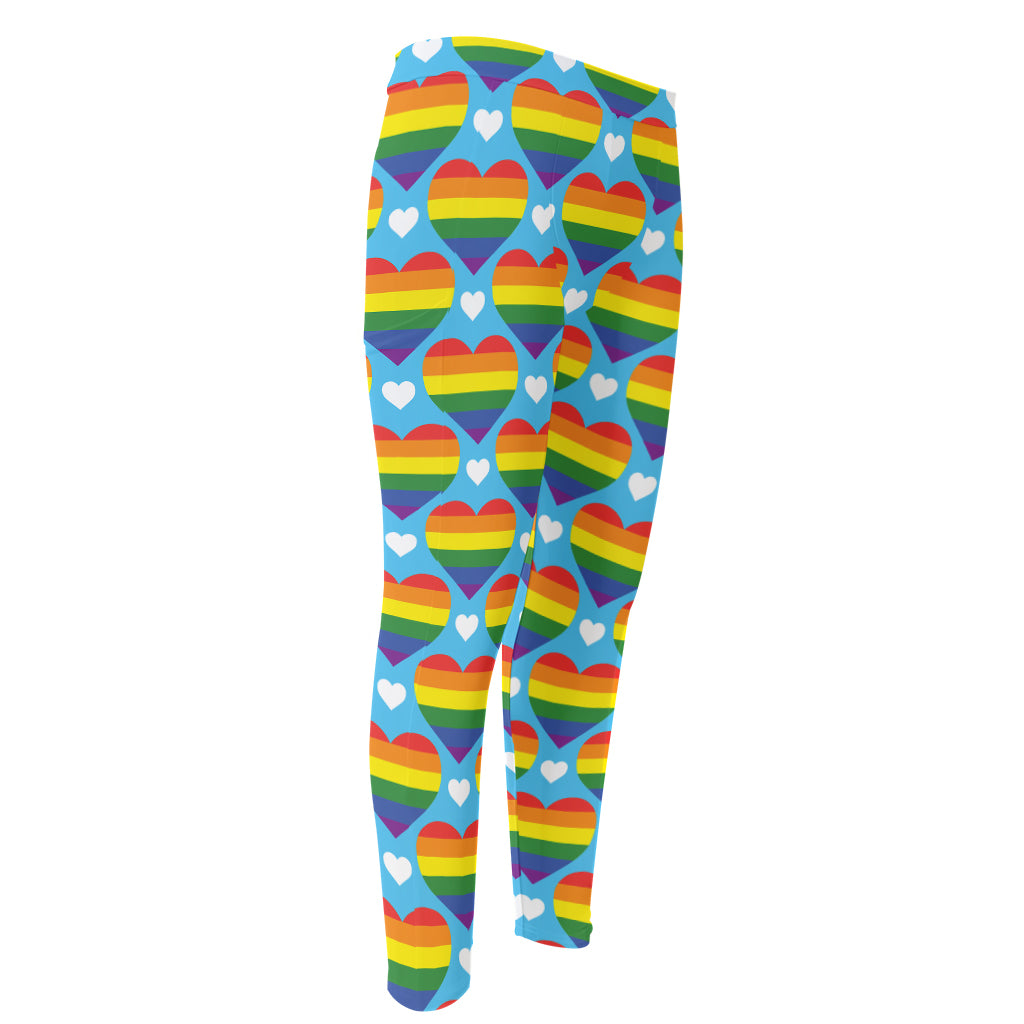 LGBT Pride Rainbow Heart Pattern Print Men's Compression Pants