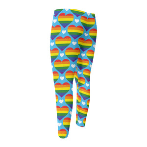 LGBT Pride Rainbow Heart Pattern Print Men's Compression Pants