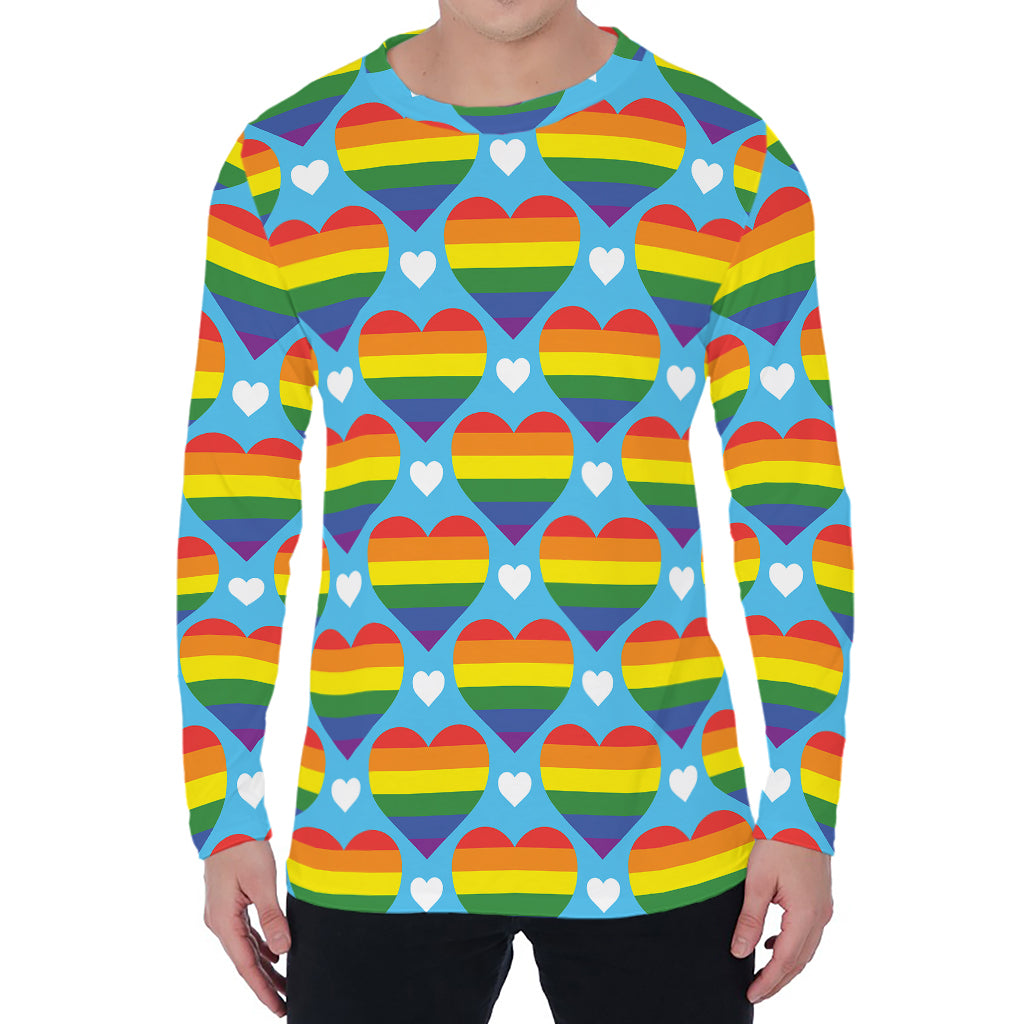 LGBT Pride Rainbow Heart Pattern Print Men's Long Sleeve T-Shirt