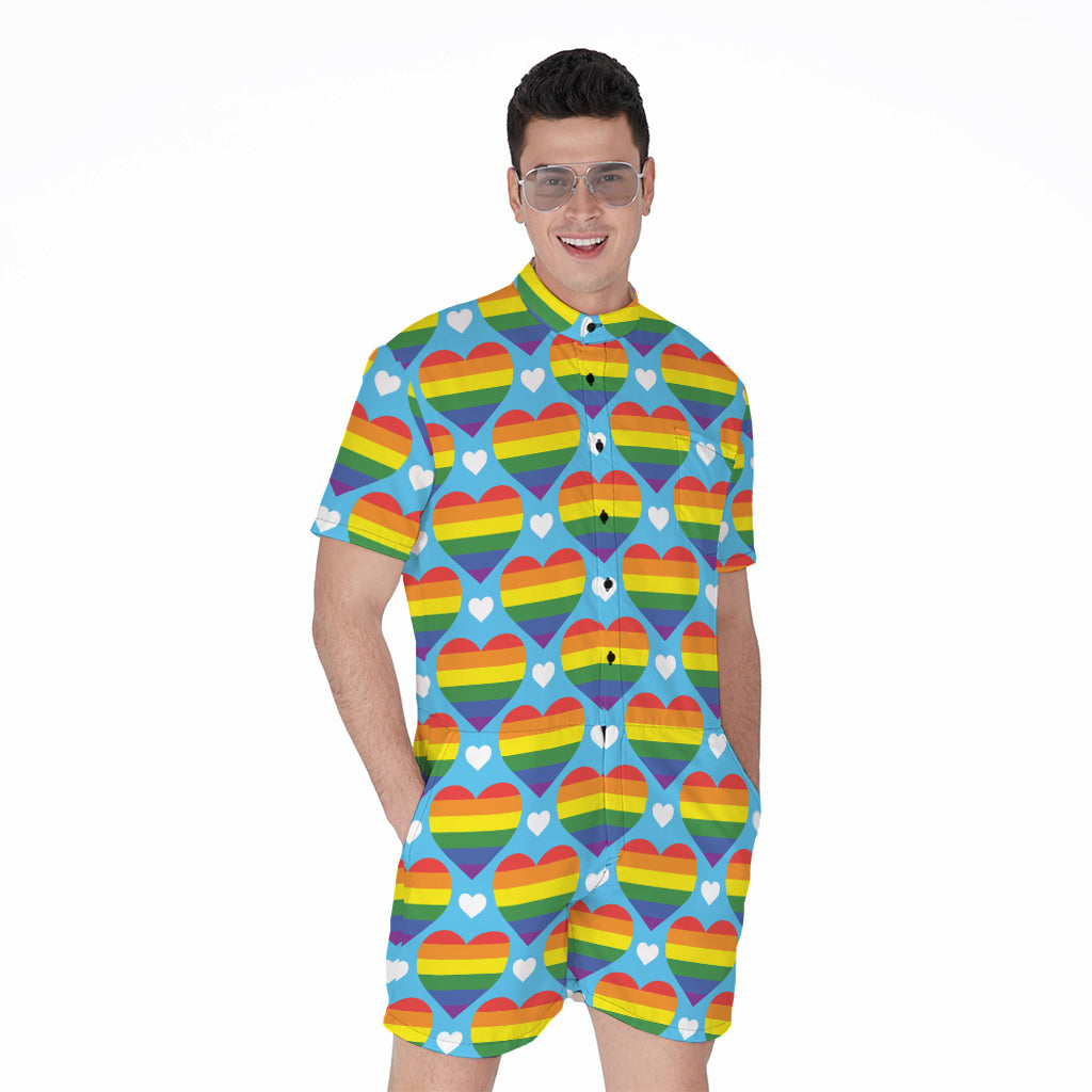 LGBT Pride Rainbow Heart Pattern Print Men's Rompers