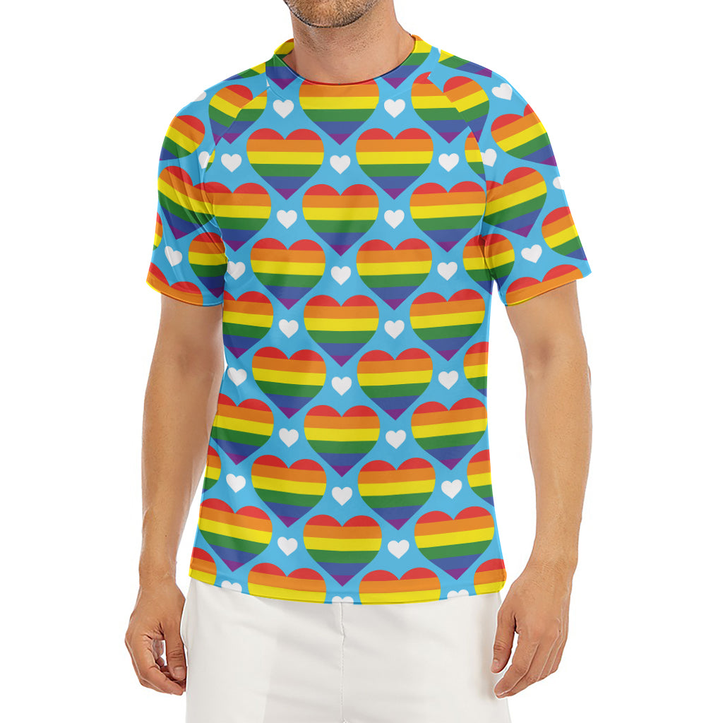 LGBT Pride Rainbow Heart Pattern Print Men's Short Sleeve Rash Guard