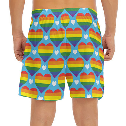 LGBT Pride Rainbow Heart Pattern Print Men's Split Running Shorts